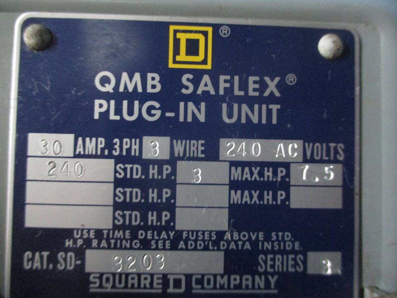 Square D SD-3203 QMB Saflex Plug-In Unit 30 Amp 240V 3P 3W Fusible Bus Plug 30A (TK1489-1)