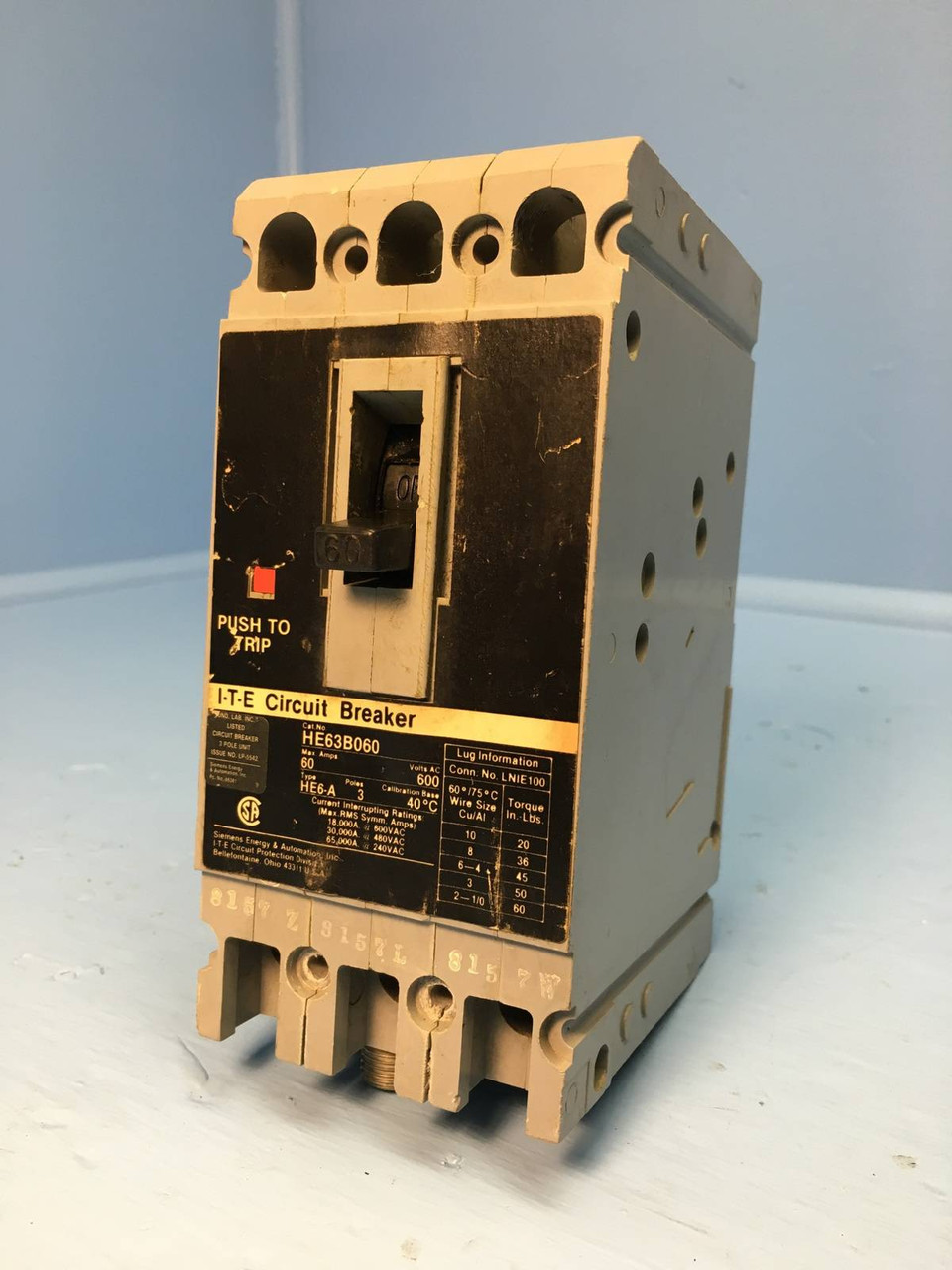 I-T-E HE63B060 60A Circuit Breaker 600V Type HE6-A ITE Gould Siemens 60 Amp (EM1324-1)