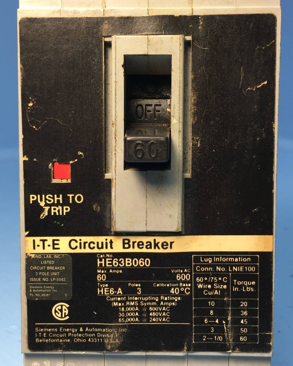 I-T-E HE63B060 60A Circuit Breaker 600V Type HE6-A ITE Gould Siemens 60 Amp (EM1324-1)