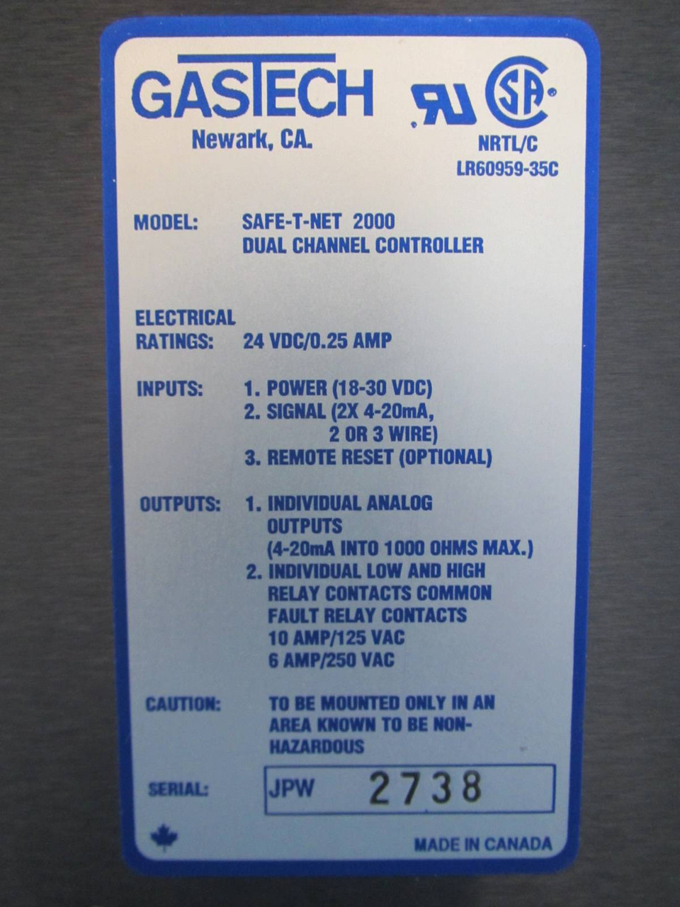 GasTech Safe T Net 2000 Dual Channel Controller PLC Gas Tech SafeTNet Two Tec (PM1834-1)