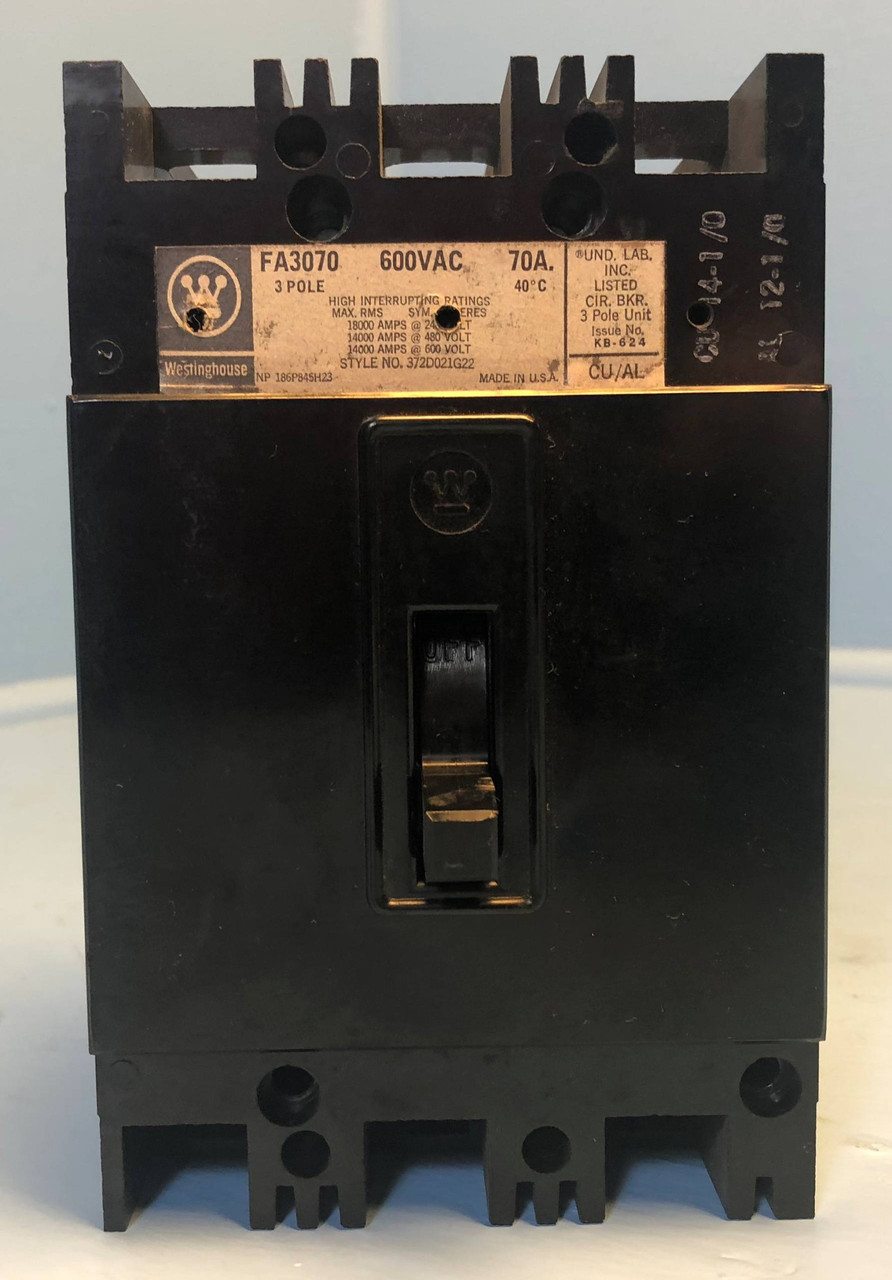 CH Westinghouse FA3070 70A Circuit Breaker 480/600V 3P Type FA 372D021G22 70 Amp (EM1339-23)