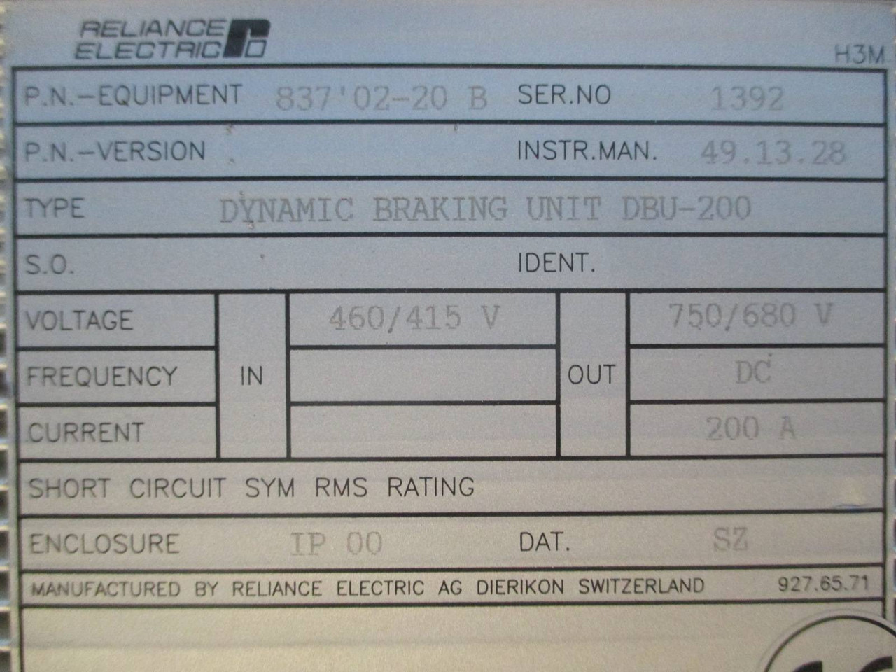 Reliance Electric DBU200 Dynamic Brake 837'02-20 B 460V 200 Amp 750/680V DC (TK1529-1)