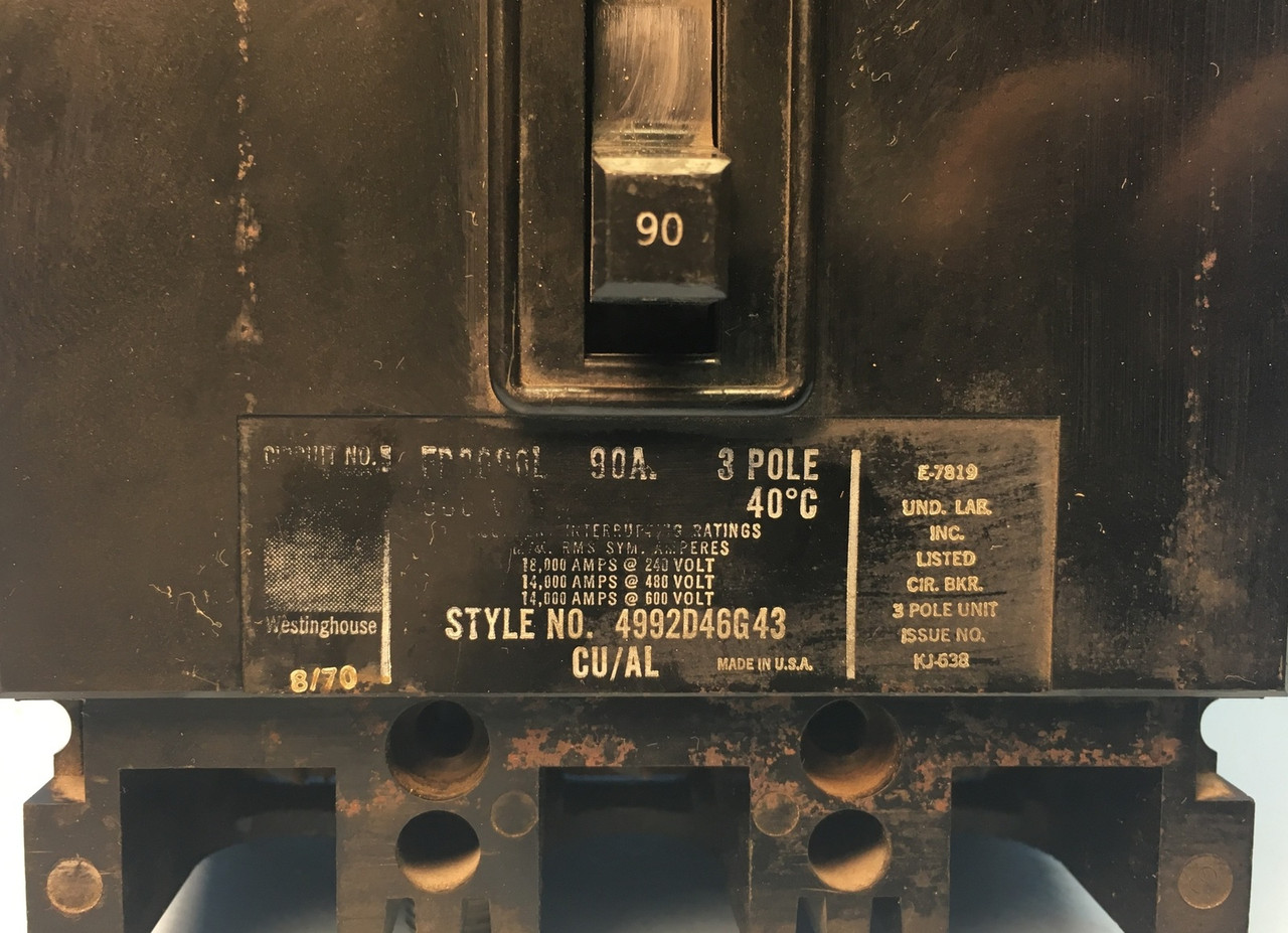 Westinghouse FB3090L 90A Circuit Breaker FB 600V Cutler Hammer 4992D46G43 90 Amp (EM1359-1)