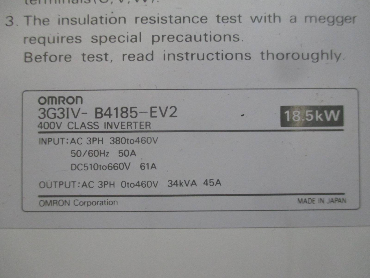 Omron Sysdrive 400V Class AC Inverter Drive 3G3IV-B4185-EV2 25 HP 18.5kW 34kVA (TK1581-1)