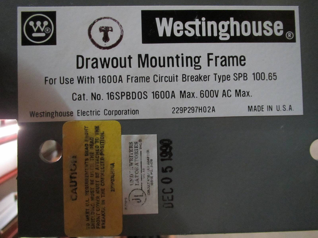 Westinghouse SPB 100,65 1600A Drawout Mounting Frame 16SPBD0S Breaker 16SPBDOS (PM1911-2)