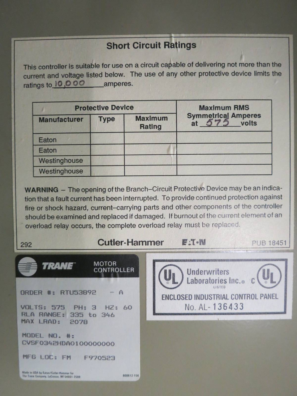 Trane Centravac 575V 335-346 RLA WYE-DELTA Chiller Starter CVSF Motor Controller (PM1942-1)