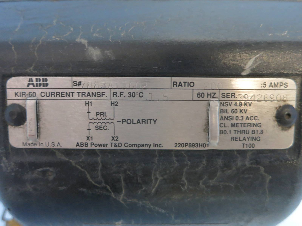 ABB KIR-60 S# 7883A13G02 200:5 Amps 200V Current Transformer CT 200 Amp A (PM1949-2)