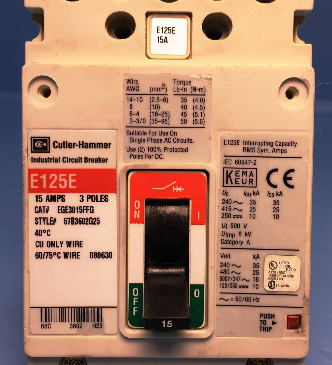 Cutler Hammer E125E EGE3015FFG 15A Circuit Breaker EGE3015 Westinghouse 15 Amp (EM1487-1)