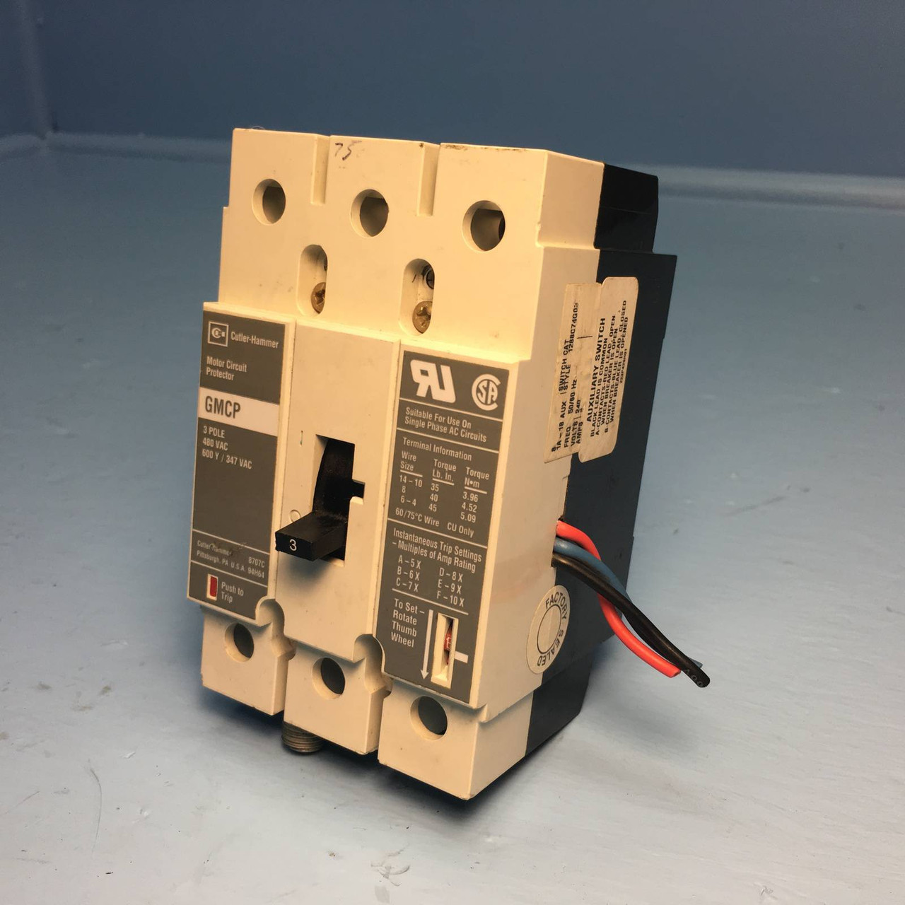 Cutler Hammer GMCP003A0C 3A Circuit Breaker w/ Aux 480V GMCP Westinghouse 3 Amp (EM1492-3)
