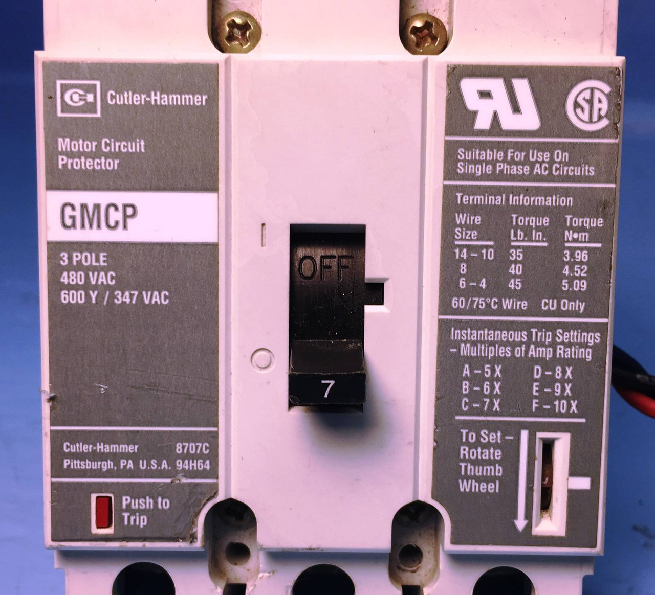 Cutler Hammer GMCP007C0C 7A Circuit Breaker w/ Aux GMCP Westinghouse 7 Amp (EM1491-1)
