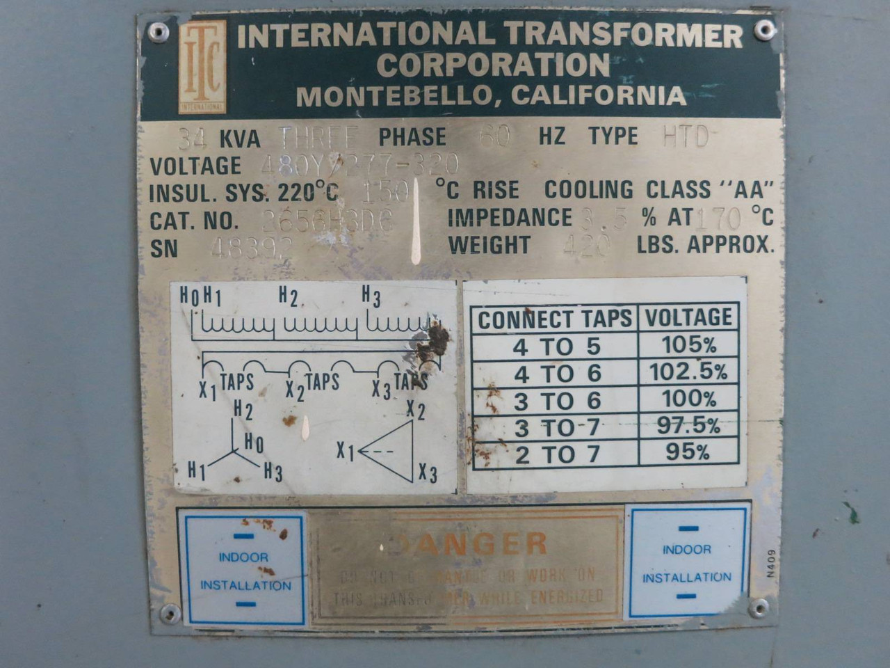 International 34 kVA 480Y/277 - 320 Delta 2656H3DC 3PH Transformer 34kVA 480 Y V (PM1981-1)