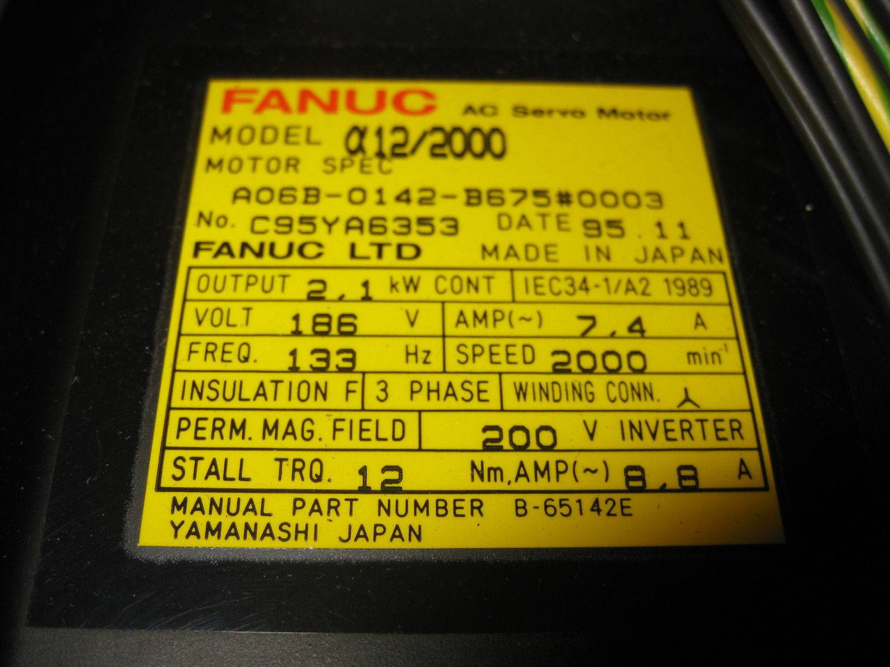 NEW Fanuc A06B-0142-B675#0003 AC Servo Motor C95YA6353 2.1kW 186V 133Hz 7.4A NIB (EBI1319-1)