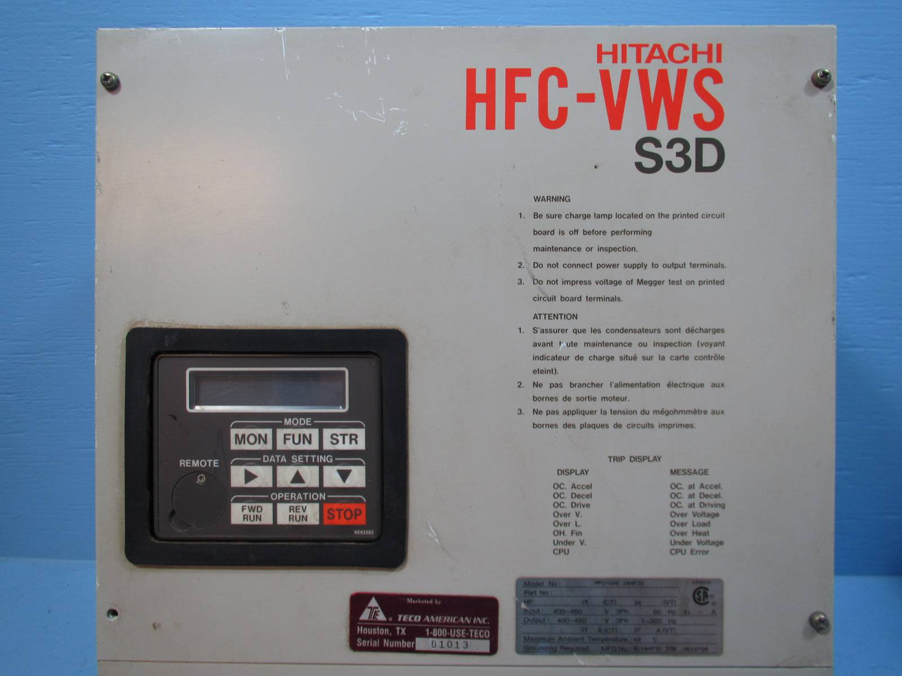 Hitachi HFC-VWS 16HF3D 20 HP S3D AC Transistor Inverter VS Drive 15 HP 460V 31A (NP1321-1)