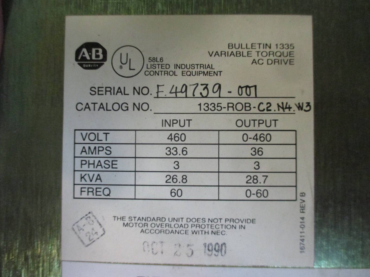 Allen Bradley AB 1335-ROB-C2-N4-W3 36 Amp 460V 1335 VS AC Drive 28.7kVA 36A (TK1939-1)