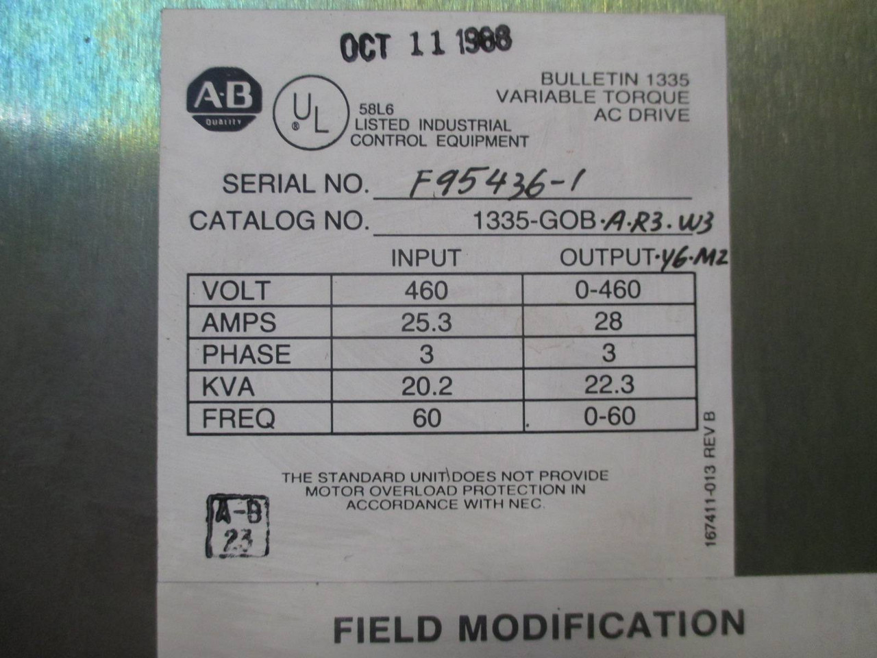 Allen Bradley AB 1335-GOB-A-R3-W3 28 Amp 460V 1335 VS AC Drive 22.3kVA 28A (TK1940-1)