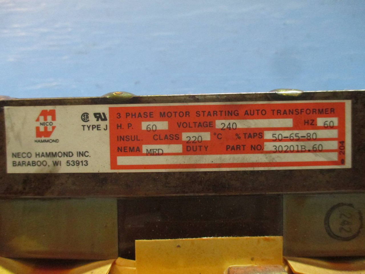 Neco Hammond 30201B.60 3 Phase Motor Starting Auto Transformer Type J 60HP 240V (TK1962-1)