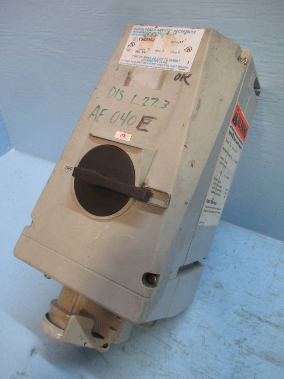 Crouse-Hinds CSR3352 Interlocked Arktite Receptacle 30 Amp 600 Vac 3 Wire 4 Pole (TK2004-4)