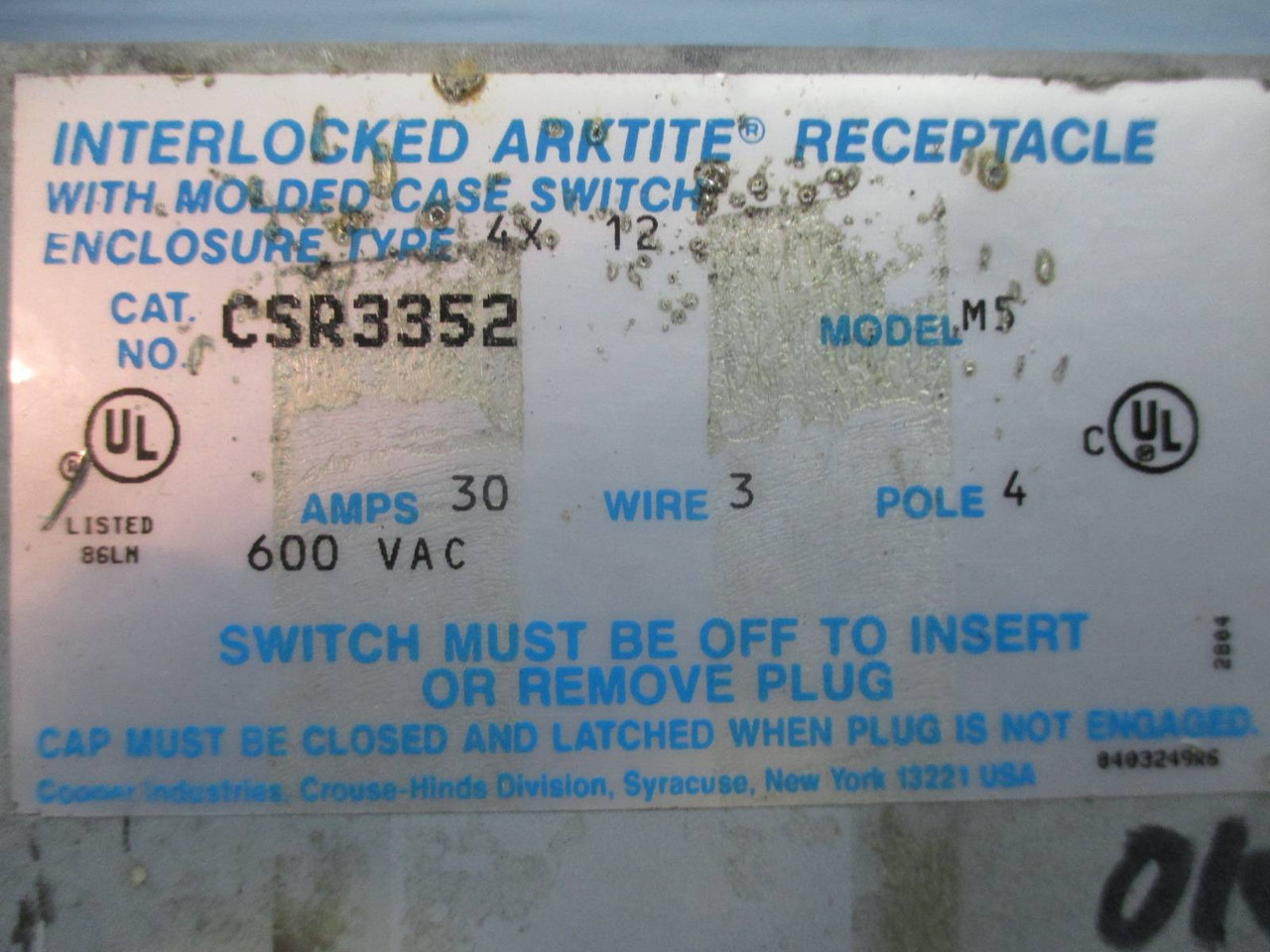 Crouse-Hinds CSR3352 Interlocked Arktite Receptacle 30 Amp 600 Vac 3 Wire 4 Pole (TK2004-4)