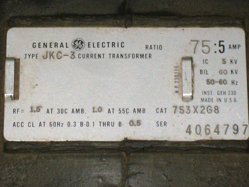 General Electric 753X2G8 Current Transformer 75:5 Ratio JKC-3 (EBI2146-1)