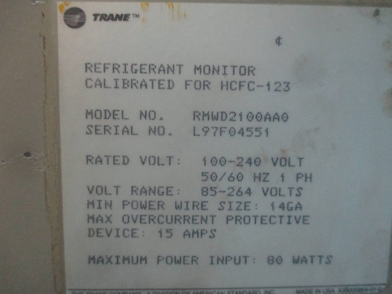 Trane RMWD2100AA0 Refrigerant Monitor for HCFC-123 100-240V Range 85-264V Type 4 (TK2137-5)