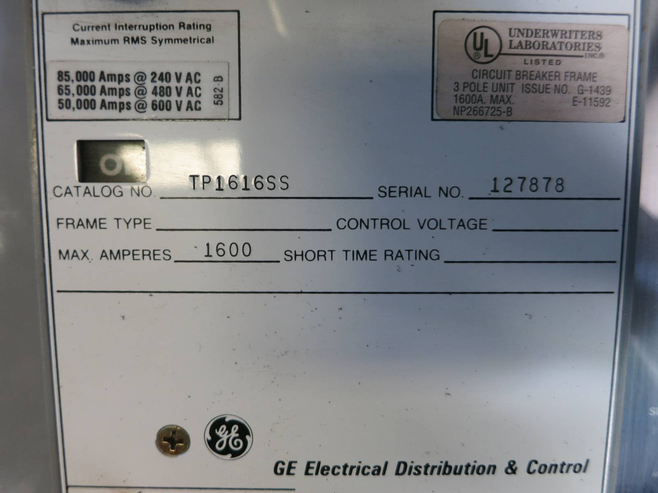 GE General Electric TP1616SS 1600A Power Break Breaker w/ Aux 1600 Amp Plug LSIG (MM0584-3)