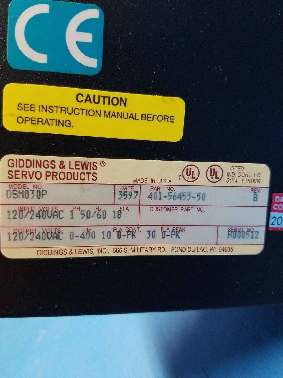 Giddings & Lewis Centurion Micro DSM030P AC Servo Drive 401-56453-50 REV B (MM0620-4)