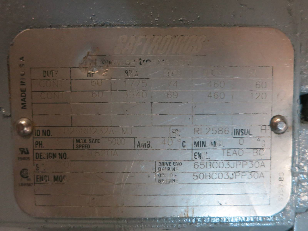 Saftronics 60HP RL2586 1775/3540 60/120 Hz RPM 460V Continuous Duty 3PH Motor (PM2061-1)