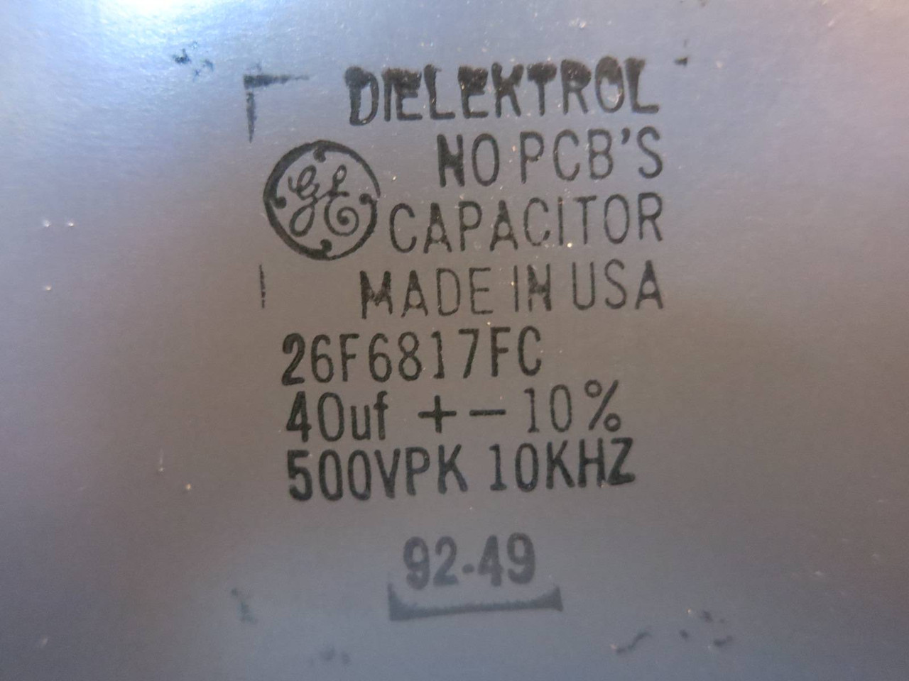 General Electric 26F6817FC Dielektrol Capacitor 40uF 10% 500VPK 10kHZ GE 26F6817 (PM2071-4)
