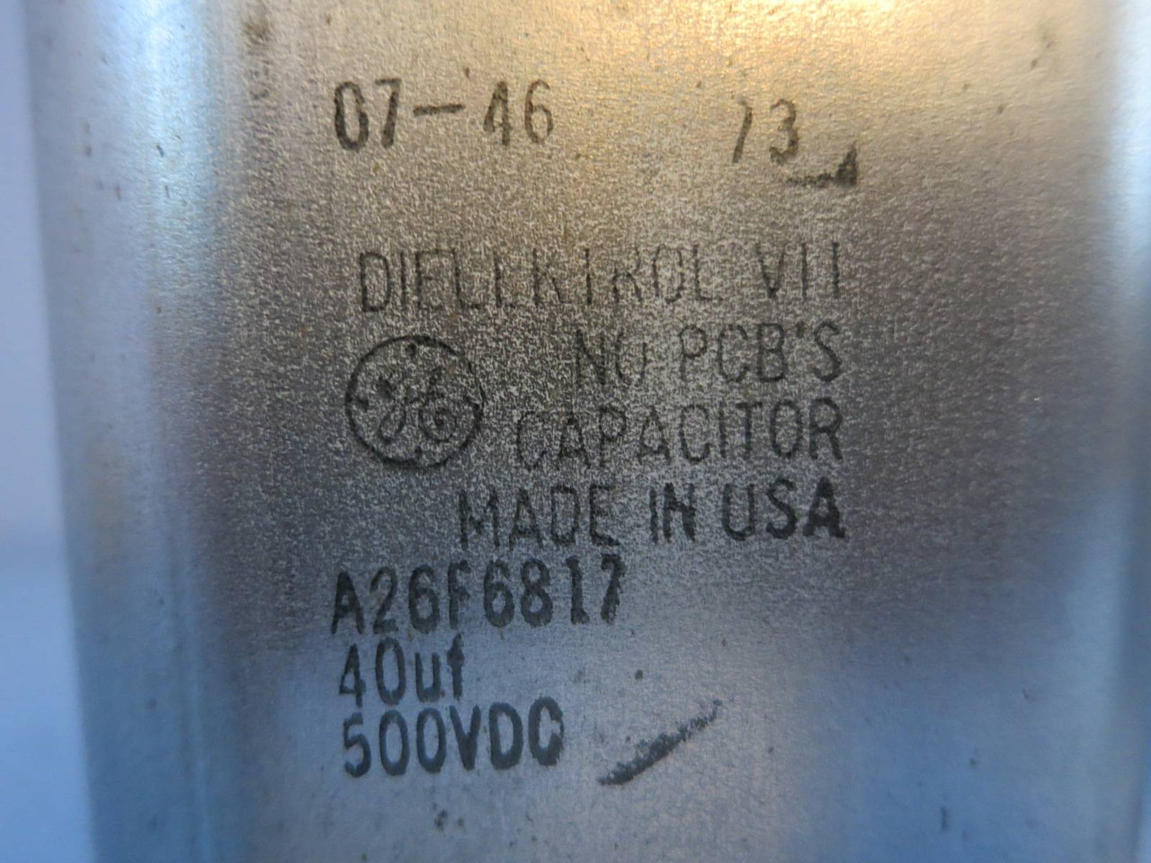 General Electric A26F6817 Dielektrol VII Capacitor 40uF 500VDC A26F6817S GE (PM2072-4)