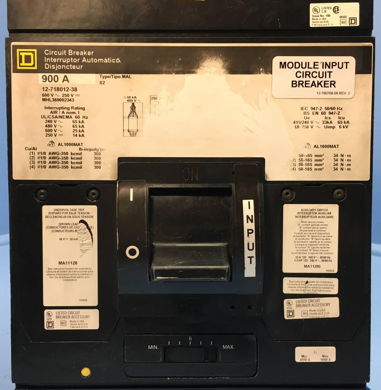 Square D MHL369002343 900A Circuit Breaker w/ UV Trip & Aux Type MAL S2 900 Amp (MM0970-1)