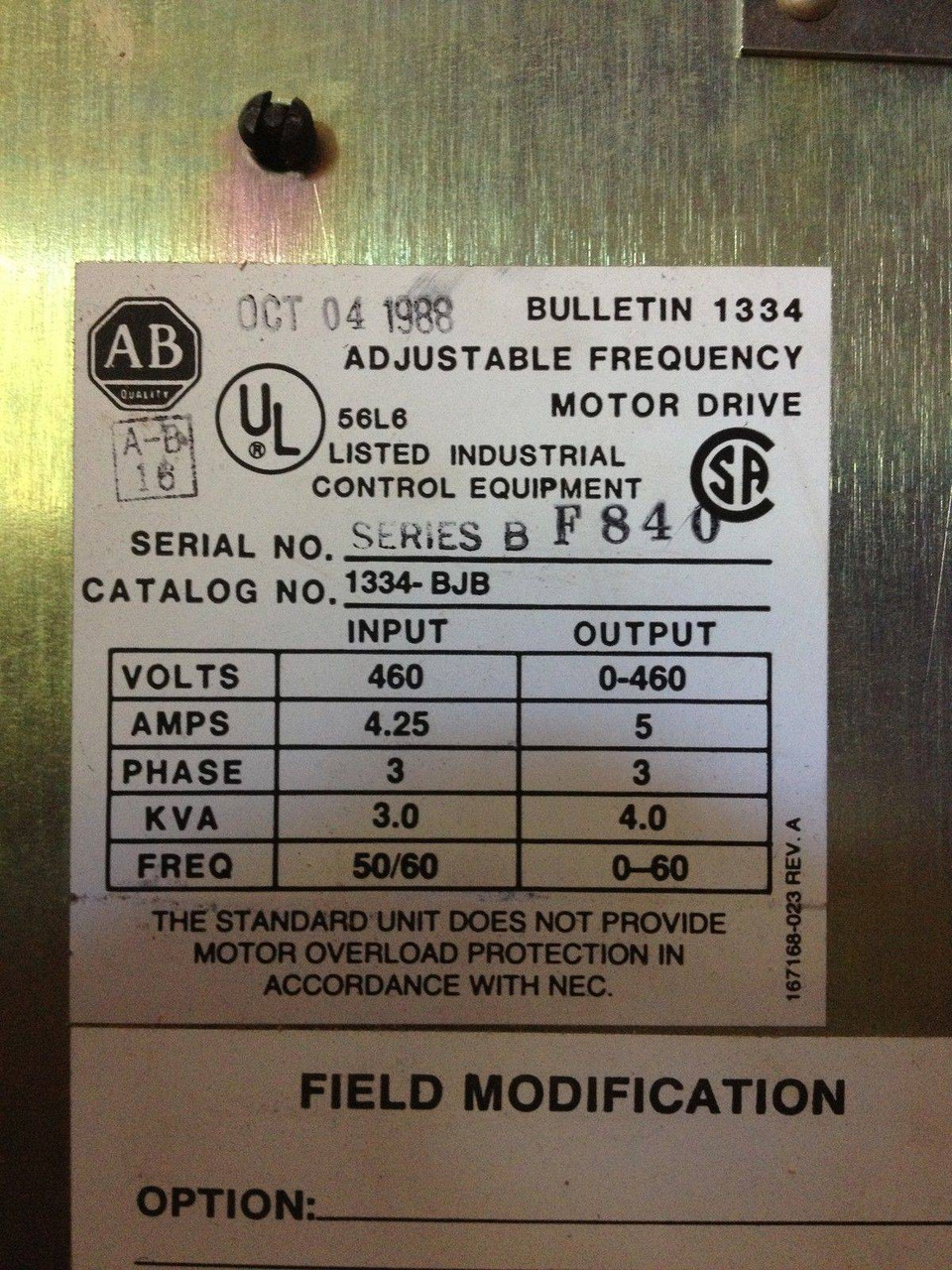 Allen Bradley 3HP AC Drive 1334-BJB 460V 3PH AB 1333BJB 3HP 5A 4kVA (EBI0292-3)