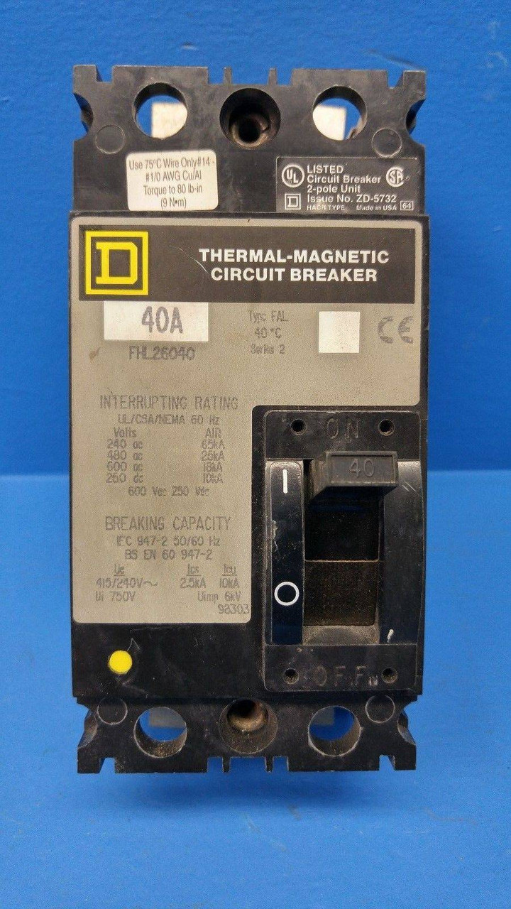 Square D FHL26040 40A Circuit Breaker 2 Pole 600V Type FAL S2 FHL-26040 40 Amp (MM0883-18)