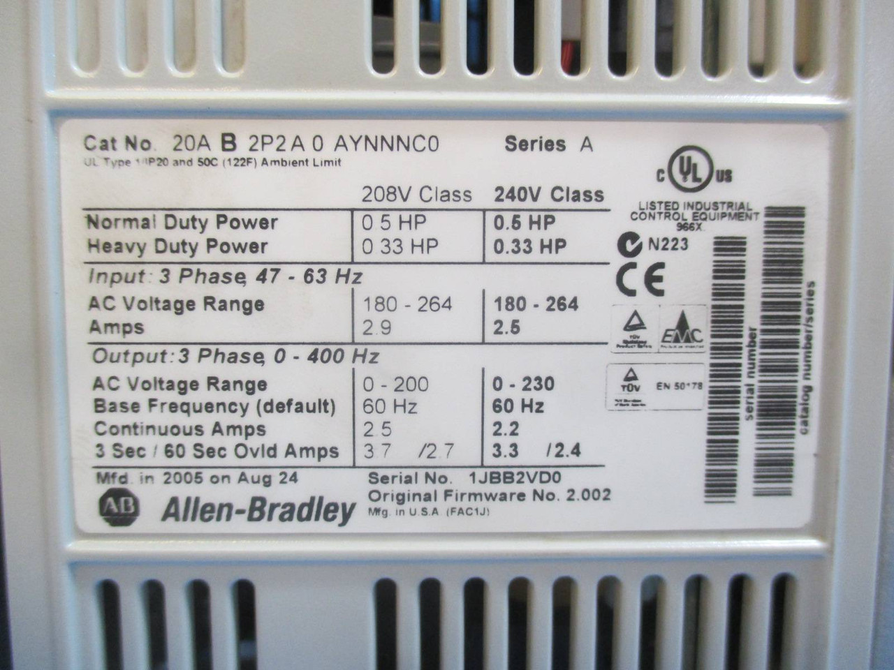 Allen Bradley 20AB2P2A0AYNNNC0 0.5HP PowerFlex 70 AC VS Drive 0.5 HP 240V VFD (MM0208-1)