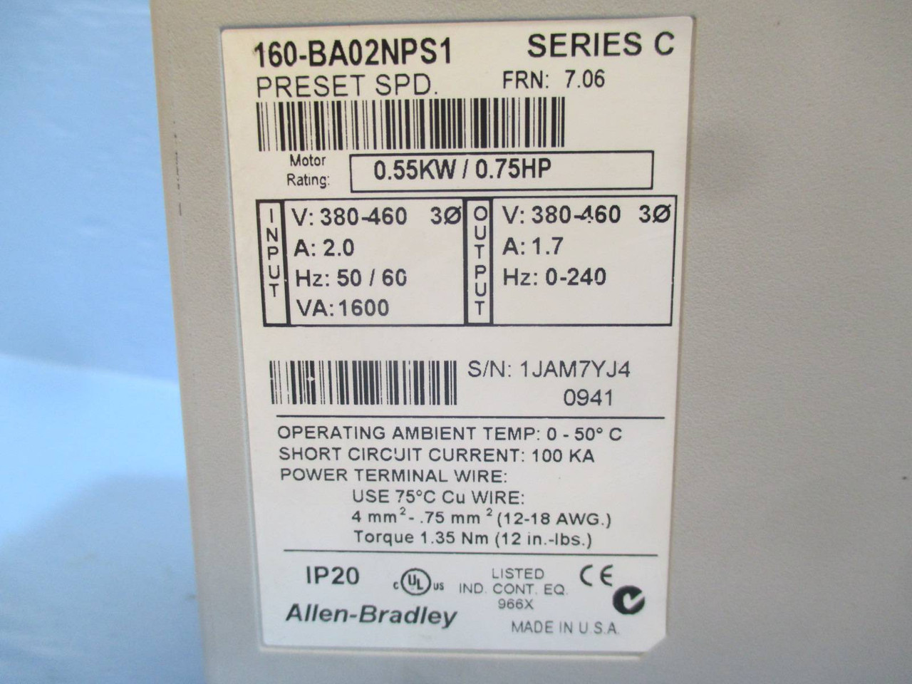 Allen Bradley 160-BA02NPS1 Series C Speed Controller Drive Preset Speed .75 HP (DW0057-3)