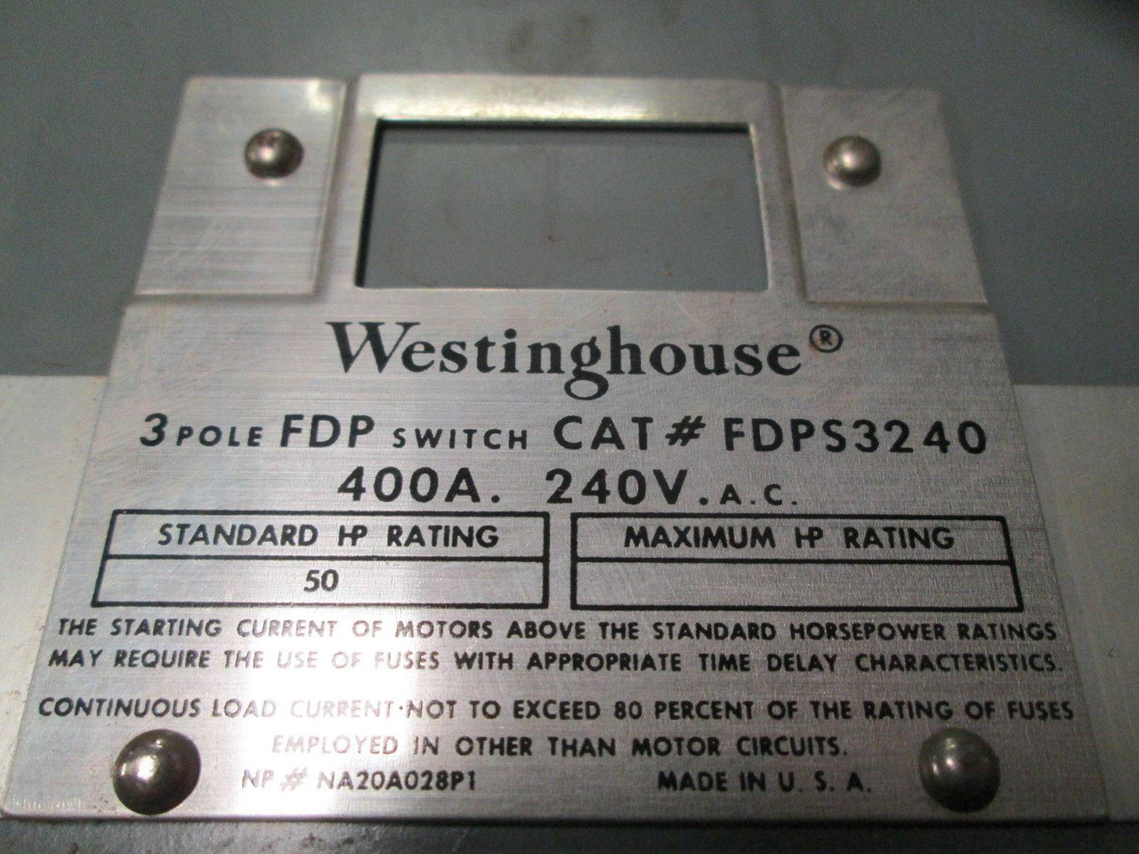 Westinghouse FDPS3240 400 Amp 240V Panelboard Switch FDPS 3240 Fused 3 PH FDP (EBI5113-7)