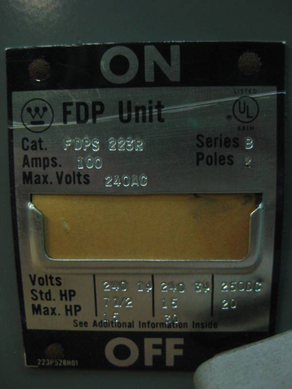 Westinghouse FDPS223R 100A Panelboard Switch 240V 100 Amp A FDPS-223R Ser B (EBI5242-1)