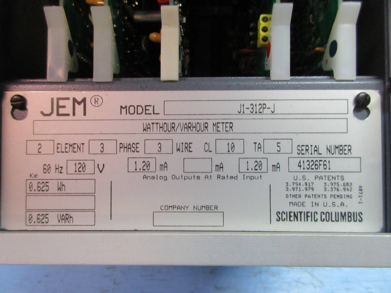 Scientific Columbus J1-312P-J JEM-1 Electronic Watthour / Varhour Meter w/ EXJ (TK2517-2)