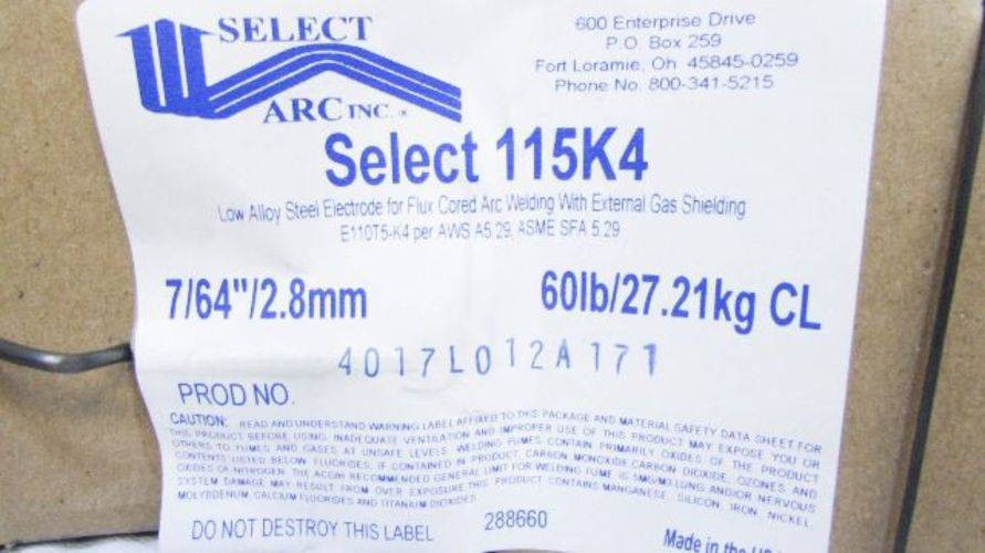 Select Arc 115K4 7/64" 60Lb Low Alloy Steel Electrode For Flux Cored Arc Welding (YY3523-9)