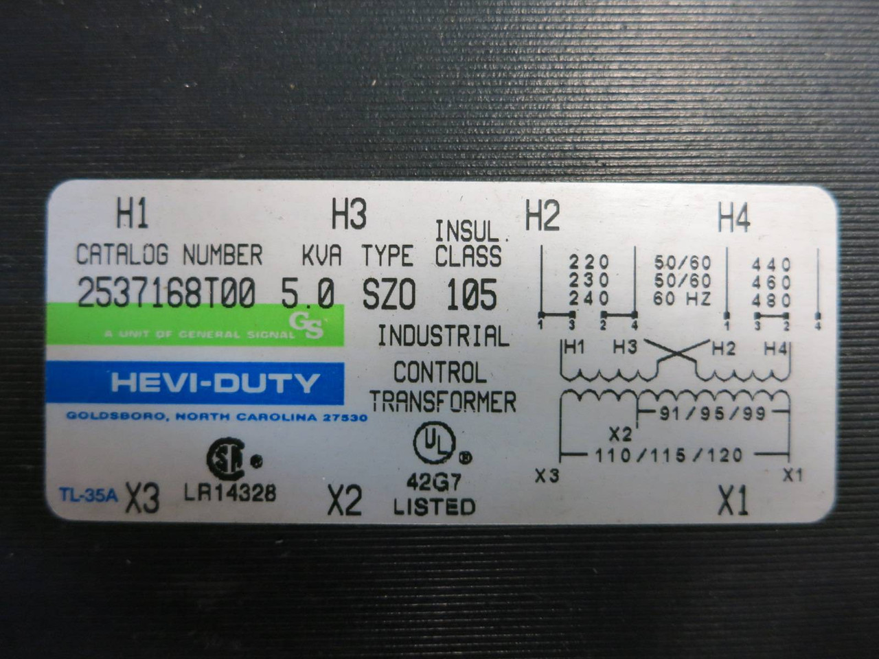 GS Hevi-Duty 5 kVA 240/480 to 120 V 2537168T00 1PH Control Transformer 5kVA SZO (PM2200-2)