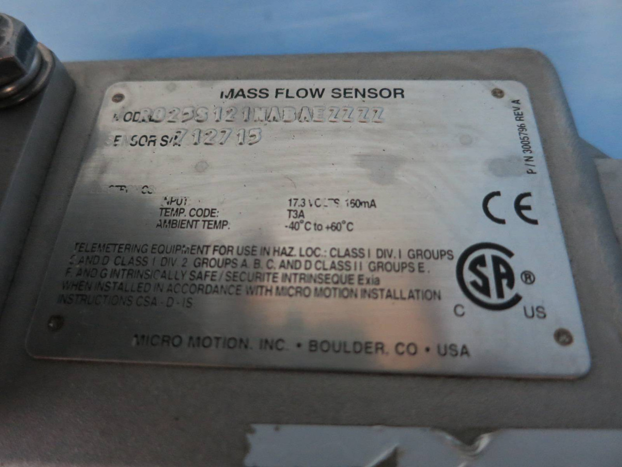 Micro Motion R025S121NABAEZZZZ 1/4" Mass Flow Sensor MicroMotion Meter 0.25" (PM2207-1)