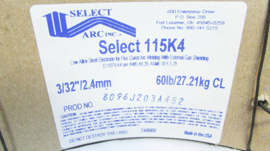Select Arc 115K4 3/32" 60Lb Low Alloy Steel Electrode For Flux Cored Arc Welding (YY2939-18)