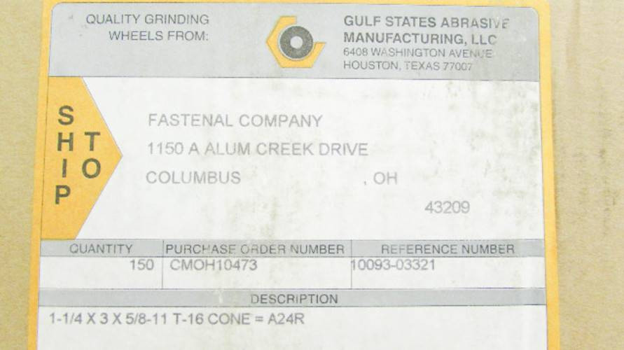 Gulf States 1-1/4" x 3" x 5/8-11 Box of 150 Abrasive Grinding Wheels Bit Cone (YY0389-24)