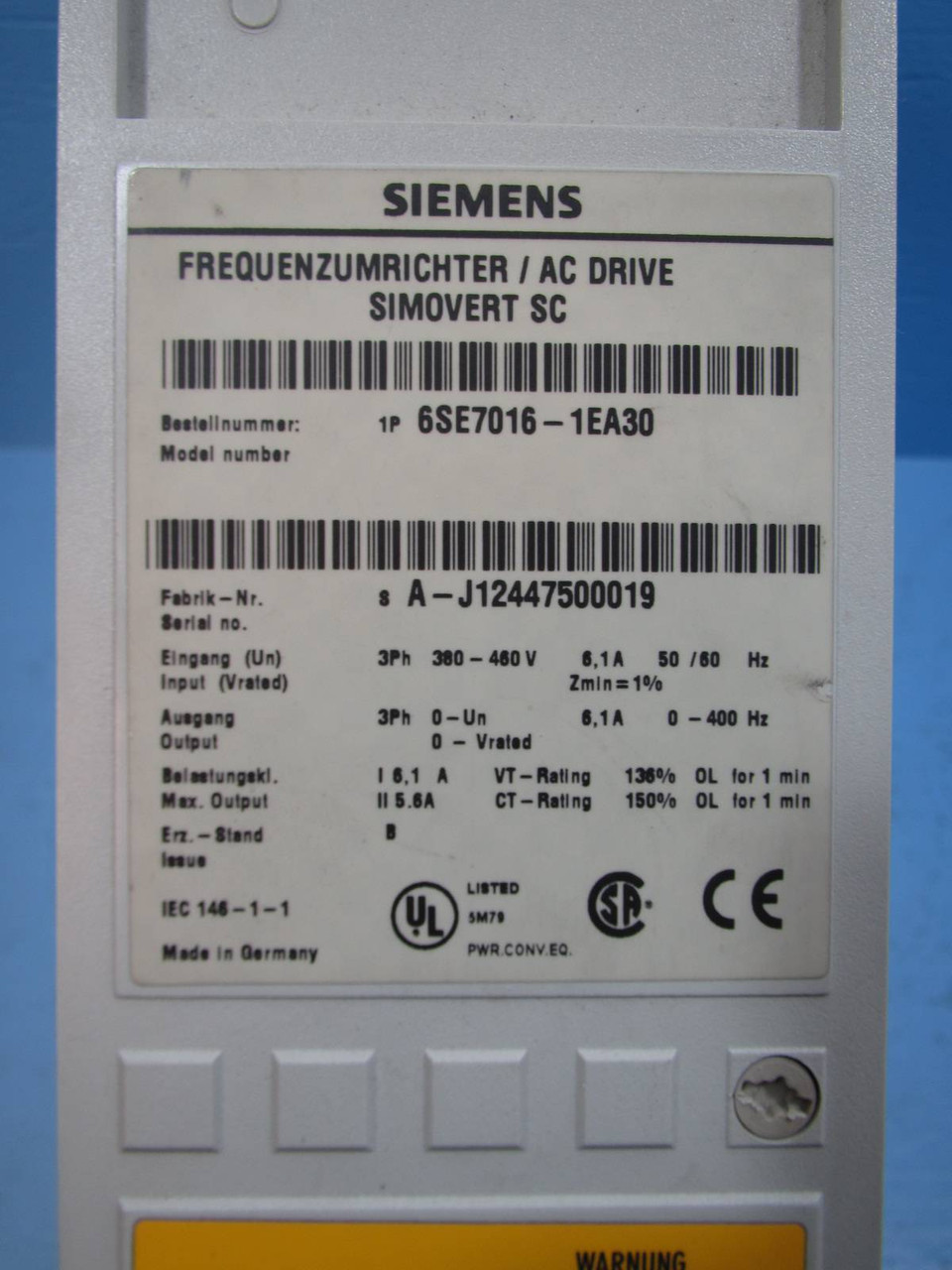 Siemens 6SE7016-1EA30 AC Drive Simovert SC 1P 6SE70161EA30 480 SIMO Power Supply (NP1383-6)