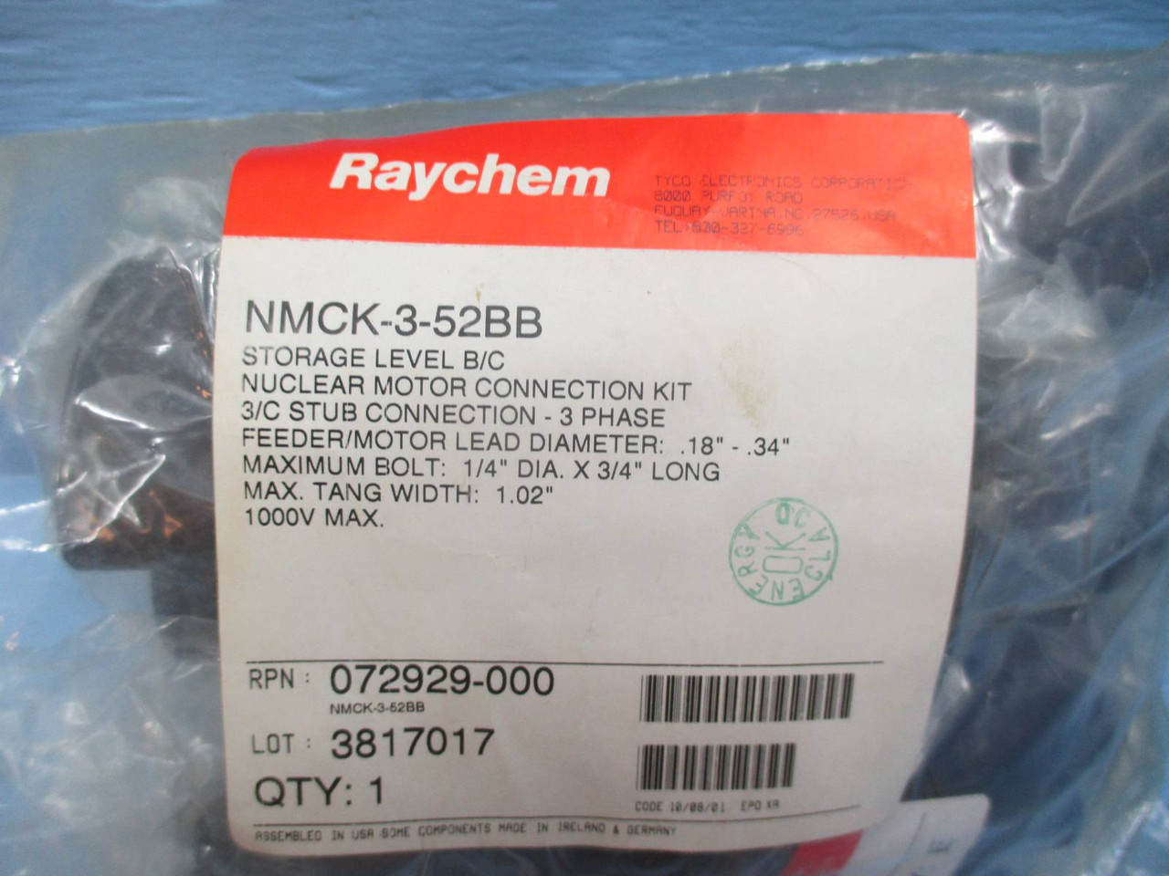 New Raychem TE NMCK-3-52BB 3 Phase Nuclear Motor Connection Kit 1000 Heat Shrink (YY2535-29)