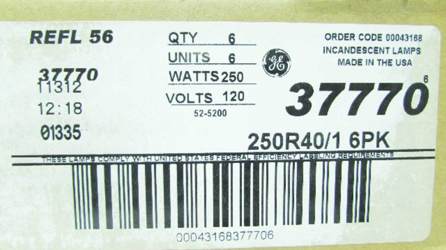 NEW GE Lighting 250R40/1 Lot of 6 Heat Lamp Light Bulbs 250W/R40/1 (BOX OF 6) (YY1496-47)