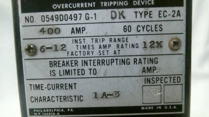 GE 0549D0497 G-1 400A 400 Amp Overcurrent Tripping Device 0549D0497G1 Type EC-2A (YY3893-2)