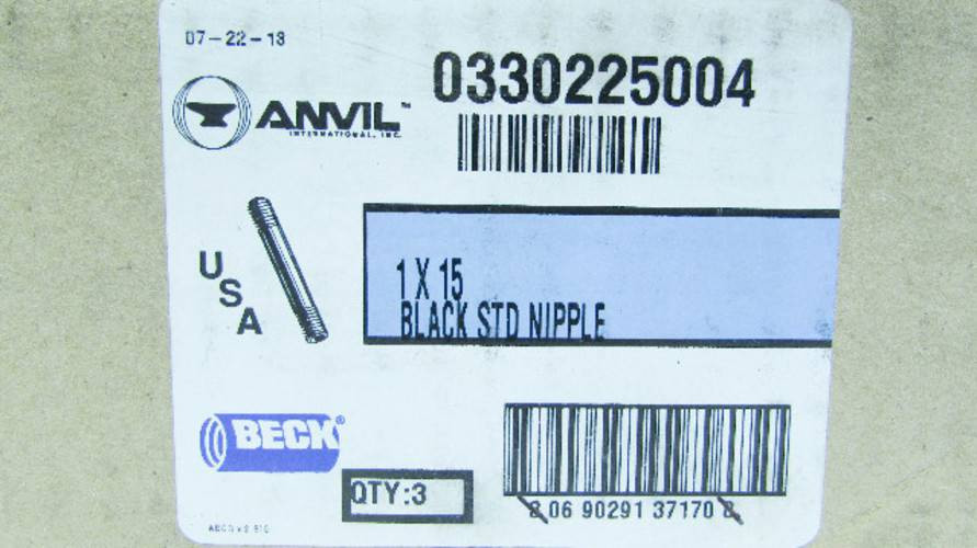 New Anvil 0330225004 1" x 15" Black STD Nipple ( 3 pgk ) NIB (YY2163-18)