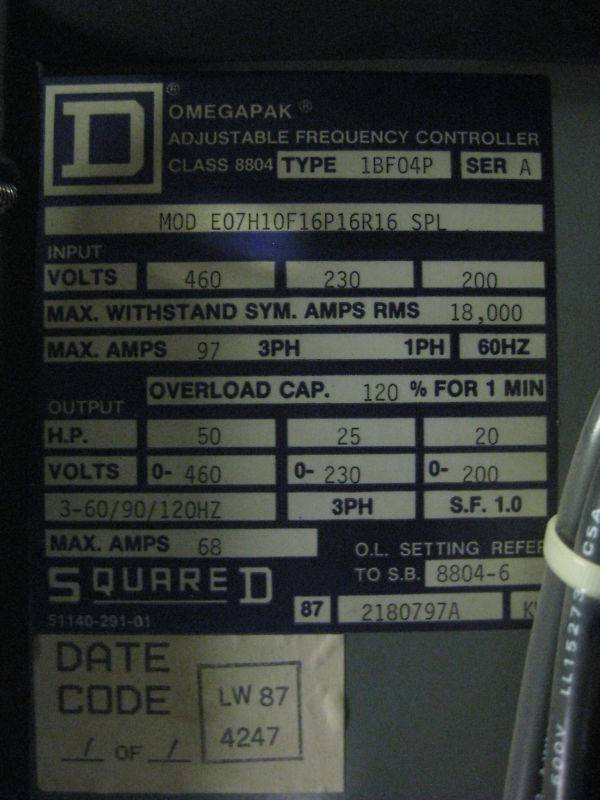 Square D 8804/1BF04P 50HP Omegapak Adjustable Freq Controller 460V 50 HP (EBI4028-1)