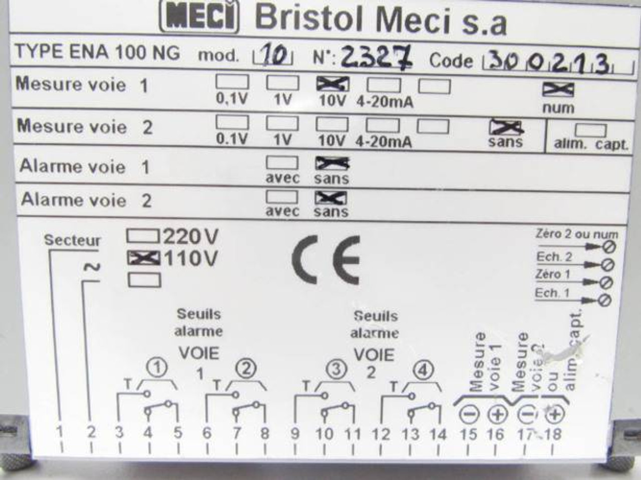 Bristol Meci ENA100NG 2-Channel 10V Analog Display Alarm 110V (YY3324-6)