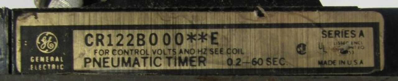 GE CR122B000 Pneumatic Timer .5-1A 120V Coil 120V 1A .2-60 Sec. NEMA A6 (YY2994-1)